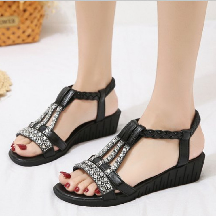Sandale de damă de vară Sandale casual boeme noi, la modă și confortabile, pantofi de plajă în aer liber, cu strasuri, cu vârf deschis