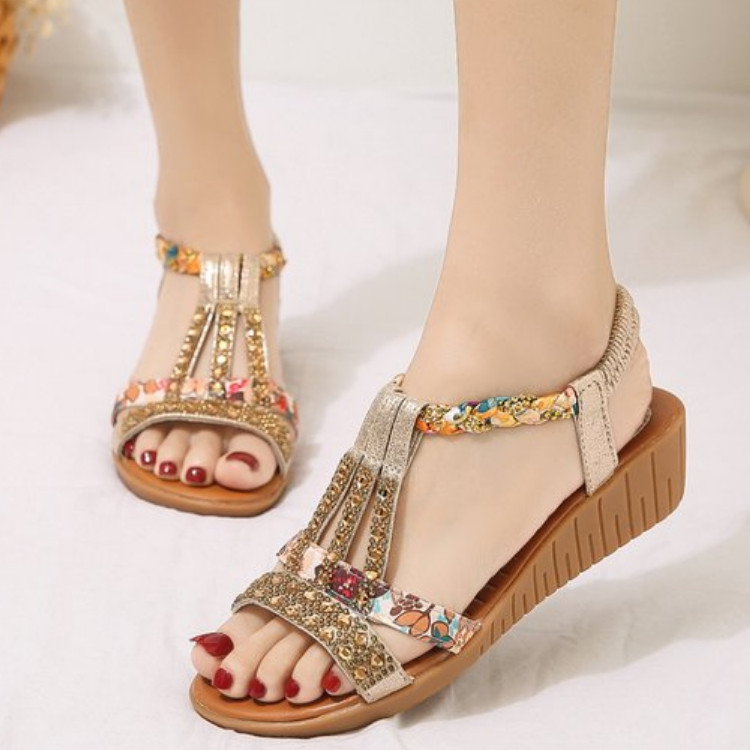 Sandale de damă de vară Sandale casual boeme noi, la modă și confortabile, pantofi de plajă în aer liber, cu strasuri, cu vârf deschis