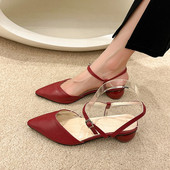 Νέα πέδιλα Pointy Strap Γυναικεία καλοκαιρινά γυναικεία σέξι αγκράφα με κορδόνια με τετράγωνο χοντρό τακούνι Bao Head Γόβες με αγκράφα μίας γραμμής