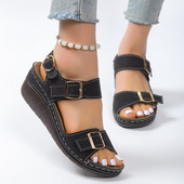 2023 Sandale noi Sandale simple Hundred de damă Cu vârf rotund Cu vârf deschis Sandale din piele cu toc Sandale cu platformă cu o curea cu cataramă Pantofi