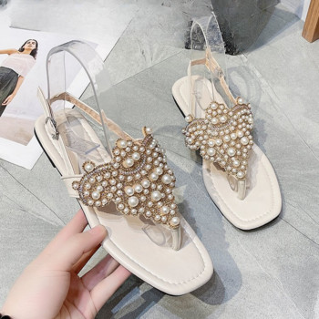 2023 Women Ethnic Bohemia Flat σανδάλια Παπούτσια Γυναικεία Crystal Flower Flip Flop Σανδάλια παραλίας Casual Shoes Pearl Clip Foot Flat Drag