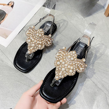 2023 Women Ethnic Bohemia Flat σανδάλια Παπούτσια Γυναικεία Crystal Flower Flip Flop Σανδάλια παραλίας Casual Shoes Pearl Clip Foot Flat Drag