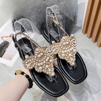 2023 Women Ethnic Bohemia Flat σανδάλια Παπούτσια Γυναικεία Crystal Flower Flip Flop Σανδάλια παραλίας Casual Shoes Pearl Clip Foot Flat Drag