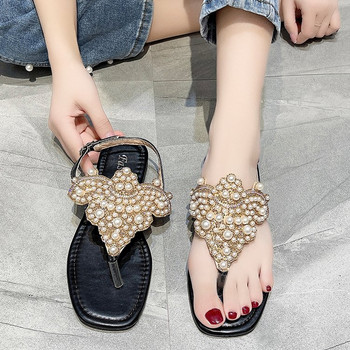 2023 Women Ethnic Bohemia Flat σανδάλια Παπούτσια Γυναικεία Crystal Flower Flip Flop Σανδάλια παραλίας Casual Shoes Pearl Clip Foot Flat Drag