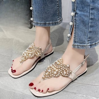 2023 Women Ethnic Bohemia Flat σανδάλια Παπούτσια Γυναικεία Crystal Flower Flip Flop Σανδάλια παραλίας Casual Shoes Pearl Clip Foot Flat Drag