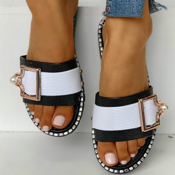 2021 Γυναικείες Μεταλλικές δερμάτινες Παντόφλες Slides Summer Pearl Flat Κρυστάλλινο μικρό μέγεθος 34 Σανδάλια σπίτι Γυναικεία Casual Παπούτσια Zapatos Mujer