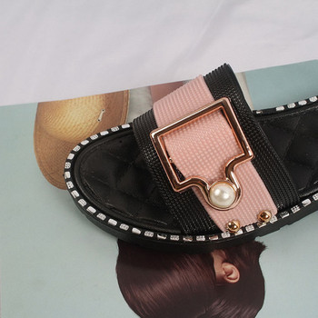 2021 Γυναικείες Μεταλλικές δερμάτινες Παντόφλες Slides Summer Pearl Flat Κρυστάλλινο μικρό μέγεθος 34 Σανδάλια σπίτι Γυναικεία Casual Παπούτσια Zapatos Mujer