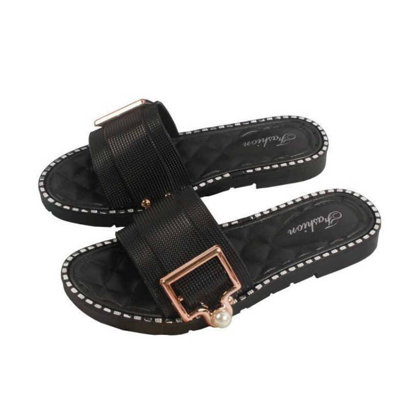 2021 Γυναικείες Μεταλλικές δερμάτινες Παντόφλες Slides Summer Pearl Flat Κρυστάλλινο μικρό μέγεθος 34 Σανδάλια σπίτι Γυναικεία Casual Παπούτσια Zapatos Mujer