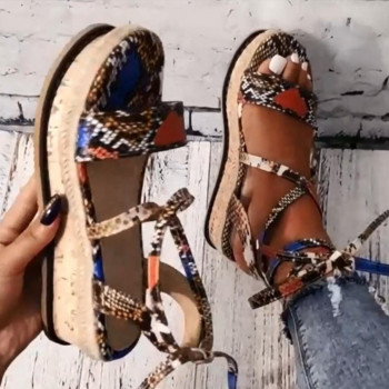 Нови летни дамски змийски сандали с платформени токчета с кръстосана каишка с дантелени връхчета на глезена с връхни пръсти Плажни парти дамски обувки Сандали Zapatos