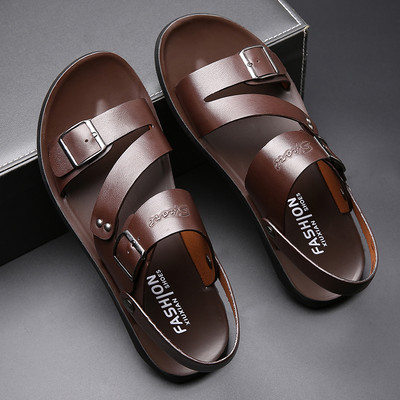 Meeste sandaalid Ühevärvilised nahast Meeste suvekingad vabaaja mugavad avatud ninaga lamedad sandaalid Pehmed rannajalatsid Meeste kingad