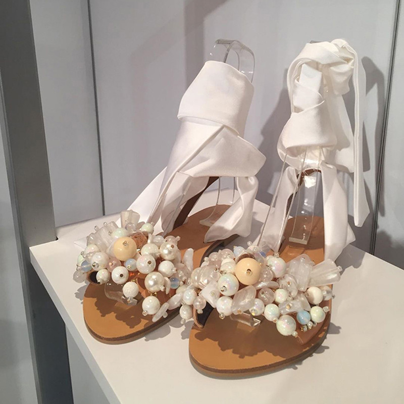Comemore 2022. Trend Nove ženske rimske sandale s perlama Elegantne modne sandale veličine 43 ravne cipele s remenčićem za gležnjeve Ljetna Bohemija