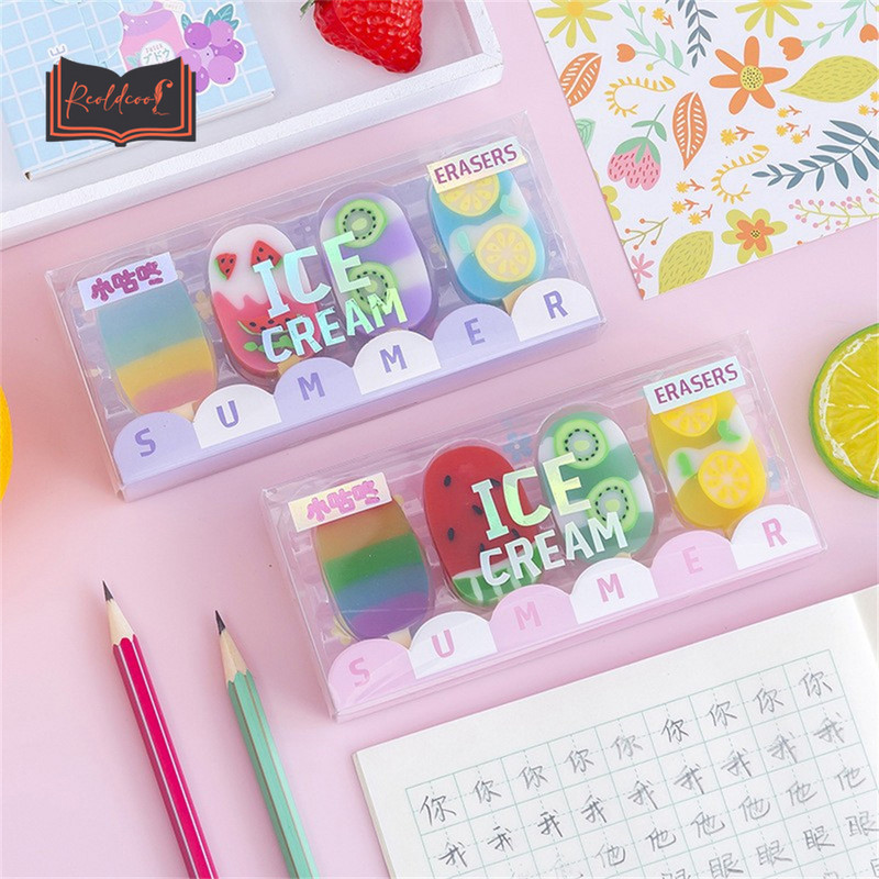 4 kom/kutija Sladoled Šarene olovke za brisanje Gumene Alat za ispravljanje pisanja učenika Korejski pribor Slatki školski pribor