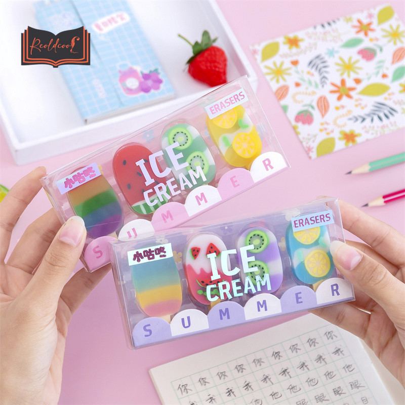 4 kom/kutija Sladoled Šarene olovke za brisanje Gumene Alat za ispravljanje pisanja učenika Korejski pribor Slatki školski pribor