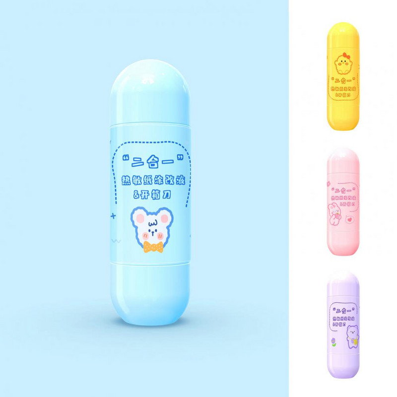 Izturīgs termiski jutīgs papīra korekcijas šķidrums ar griezēju vieglu korekcijas šķidrumu, kas labi pārklāj biroju