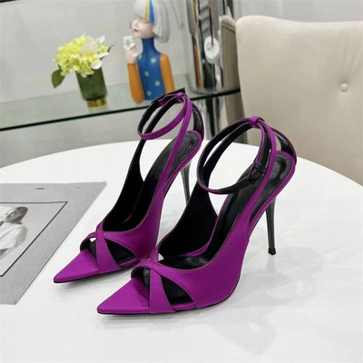 Sexy Peep Toe Satin Sandalai Madingi aukštakulniai vakarėliui batai kulkšnies dirželiu Gladiator Stiletto Runway geltoni batai moterims