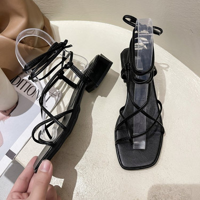 Νέα μόδα Γυναικεία πέδιλα Χαμηλό τακούνι Lace Up Σανδάλι με λουράκι πλάτης καλοκαιρινά παπούτσια Gladiator casual πέδιλο Σανδάλι με στενή ζώνη