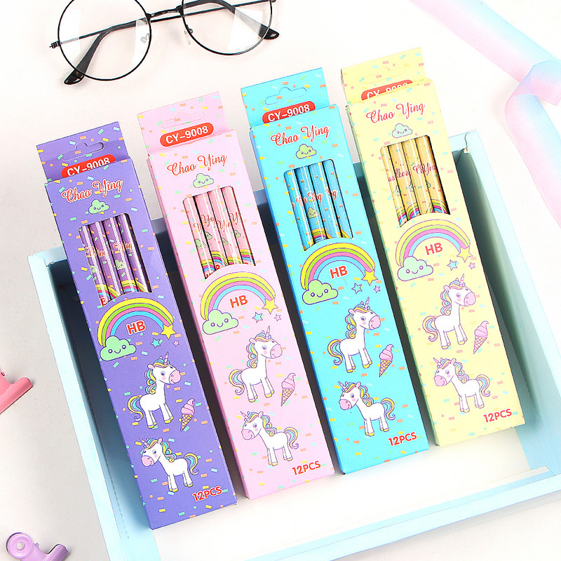 12 bucăți/set drăguț Kawaii desene animate unicorn creion HB articole de schiță papetărie de desen rechizite de birou pentru studenți cadou pentru copii