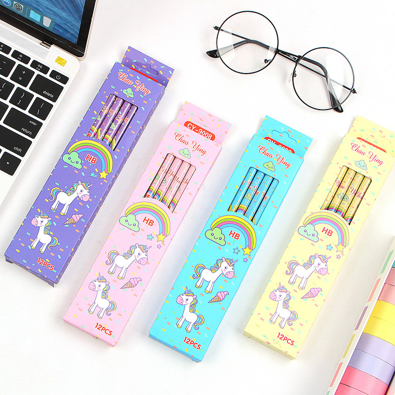 12 bucăți/set drăguț Kawaii desene animate unicorn creion HB articole de schiță papetărie de desen rechizite de birou pentru studenți cadou pentru copii