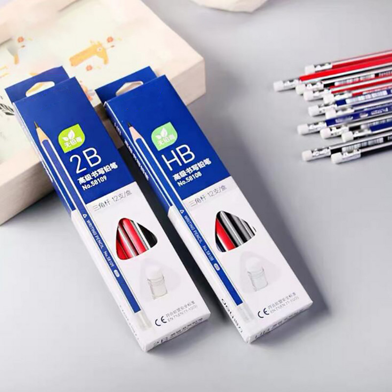 12GB/komplekts koka korpusa zīmuļi, 2B/HB mīksti, iepriekš uzasināti zīmuļi ar dzēšgumijām, trīsstūra forma bērniem vai studentiem