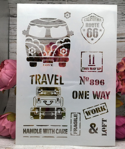 A4 29*21cm Bus Luaguage Travel DIY Layering Stencils Wall Painting Scrapbook Coloring ανάγλυφο άλμπουμ Πρότυπο διακοσμητικό χαρτί