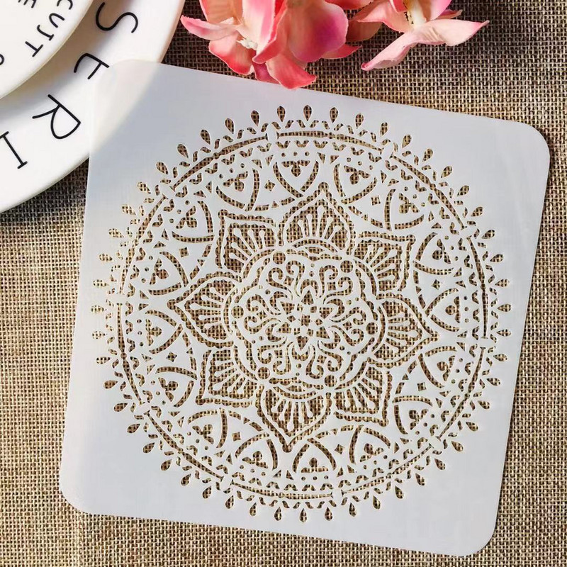 4Pcs/Set 15cm Mandala kotač Okrugli kvadratni DIY Šablone za slojeve Slikanje Spomenar Bojanje Reljefni album Ukrasni predložak