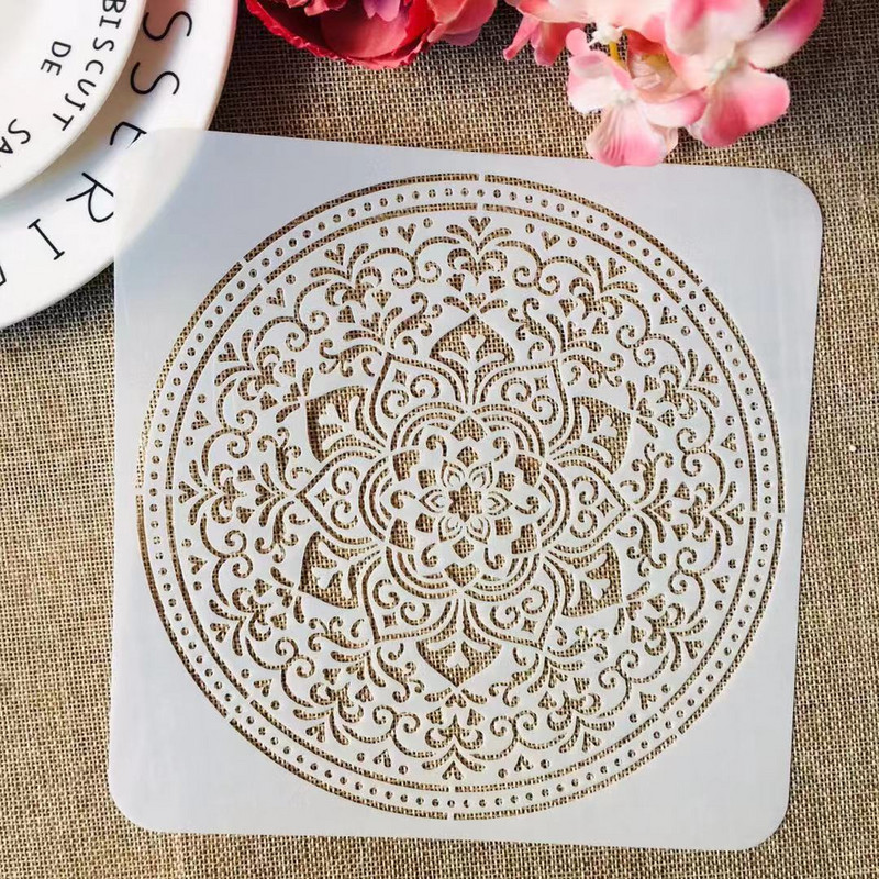 4Pcs/Set 15cm Mandala kotač Okrugli kvadratni DIY Šablone za slojeve Slikanje Spomenar Bojanje Reljefni album Ukrasni predložak