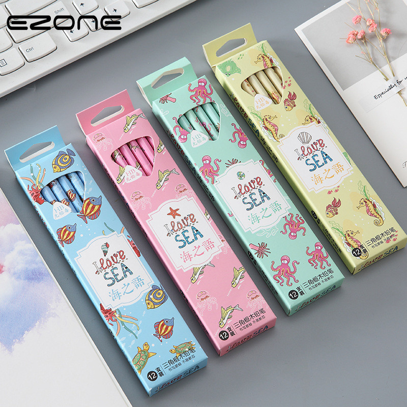 EZONE 12PCS Drvena olovka Drveno tijelo s otisnutim crtanim uzorkom Studenti Olovka Gumica Olovka Dječja Netoksična olovka Pisaći pribor