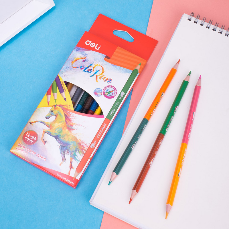 Deli Dual Color Pencil 12/24 Χρώματα χρωματιστά μολύβια για σχολικό παιδί προμήθεια ζωγραφικής Σκίτσο Ζωγραφική σχολικά είδη
