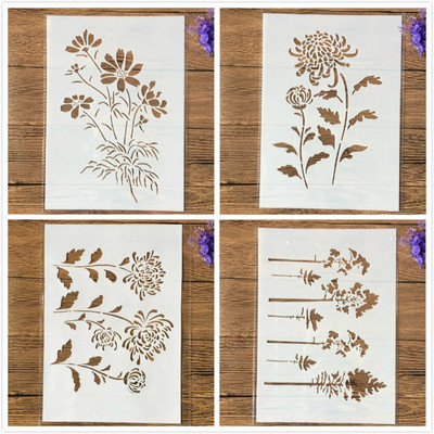 4Pcs/Set A4 29cm Chrysanthemum Flower Stablo DIY Šablone za slojeve Slikanje Spomenar Bojanje Reljefni album Ukrasni predložak