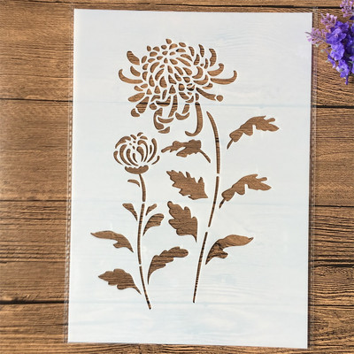 4Pcs/Set A4 29cm Chrysanthemum Flower Stablo DIY Šablone za slojeve Slikanje Spomenar Bojanje Reljefni album Ukrasni predložak