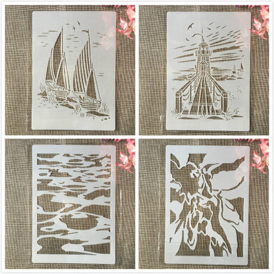 4 ks A4 29cm Plachetnica Maják Ľadovec DIY Vrstvené šablóny Maľovanie Scrapbook Vyfarbovanie Razba Album Dekoratívna šablóna