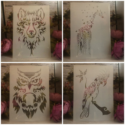 4Pcs A4 29cm Mandala Vuk Papiga Sova DIY šablone za slojeve Zidne slike Album za utiskivanje Ukrasni predložak