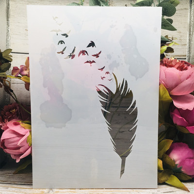 A4 29*21cm Abstraktné pierka a vtáky DIY Vrstvené šablóny Nástenná maľba Scrapbook Vyfarbovanie Razba Album Dekoratívna šablóna