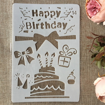 Νέο 26cm Happy Birthday Cake DIY Craft Layering Stencils Ζωγραφική Scrapbooking Stamping ανάγλυφο Πρότυπο κάρτας άλμπουμ