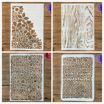 4Pcs A4 29cm Мозайка Тухла Дърво Маргаритка Текстура Направи си сам Наслояване Шаблони Картина Скрапбук Оцветяване Релефен Декоративен шаблон