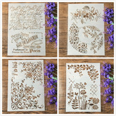 4Pcs/Lot A4 Cvjetne francuske riječi DIY Šablone za slojeve Slikanje Spomenar Bojanje Album za utiskivanje Ukrasni papirni predložak kartice