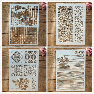 4 buc. A4, 29 cm, bambus trandafir, cărămidă din lemn, bricolaj, șabloane de stratificare, pictură pe perete, album de însemnări, pentru colorat, șablon decorativ pentru album în relief