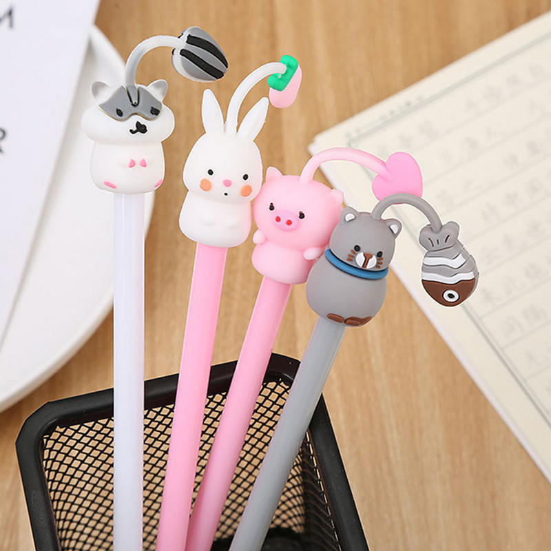 4 gab 0,5 mm avokado gēla pildspalvas Mīkstas, burvīgas dzīvnieku melnas krāsas gēla tintes pildspalvas glītu kancelejas piederumu rakstīšanai, skolas piederumi