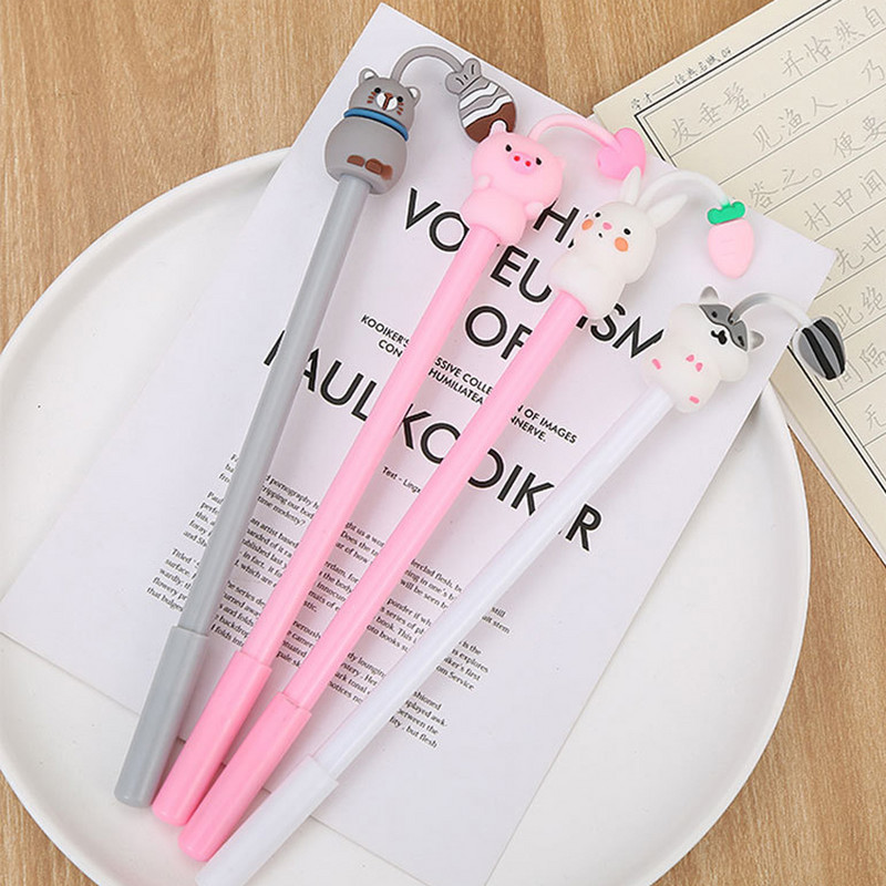 4 gab 0,5 mm avokado gēla pildspalvas Mīkstas, burvīgas dzīvnieku melnas krāsas gēla tintes pildspalvas glītu kancelejas piederumu rakstīšanai, skolas piederumi