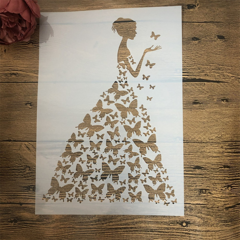4Pcs A4 29cm Moda Ljepota Djevojke Leptir DIY Šablone za nanošenje slojeva Zidne slike Spomenar u boji Reljefni album Predložak za dekoraciju
