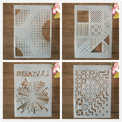 4 ks A4 29cm geometrické nepravidelné okrúhle štvorcové šablóny na vrstvenie, maľovanie, scrapbooking, vyfarbovanie, reliéfna šablóna na album, dekorácia
