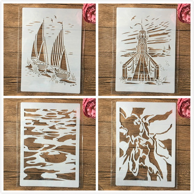 4 ks A4 29cm Plachetnica Maják Ľadovec DIY Vrstvené šablóny Maľovanie Scrapbook Vyfarbovanie Razba Album Dekoratívna šablóna