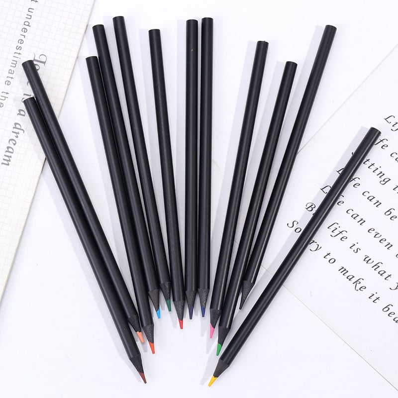 Komplet crnih drvenih olovaka u 12 boja Crtanje, Slikanje, Pribor, Školski pribor, umjetničke olovke u boji