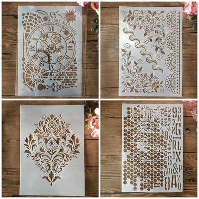 4 db A4-es 29 cm-es óra Mandala Retro Mintás Hatszög DIY Rétegező Sablonok Falfestés Scrapbook Színes Dombornyomott Album Dekor Sablon