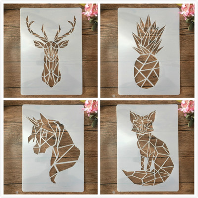 4 ks A4 29cm 3D zvieratá líška ananás DIY vrstvené šablóny nástenná maľba scrapbooking vyfarbovanie embossovanie album dekoratívna šablóna