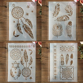4Pcs A4 29cm Mandala Feather Tassel Net DIY Šablone za slojeve Slikanje Spomenar Bojanje Reljefni album Ukrasni predložak