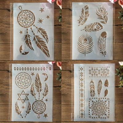 4Pcs A4 29cm Mandala Feather Tassel Net DIY Šablone za slojeve Slikanje Spomenar Bojanje Reljefni album Ukrasni predložak