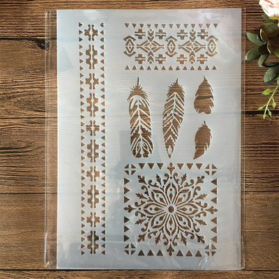 4Pcs A4 29cm Mandala Feather Tassel Net DIY Šablone za slojeve Slikanje Spomenar Bojanje Reljefni album Ukrasni predložak