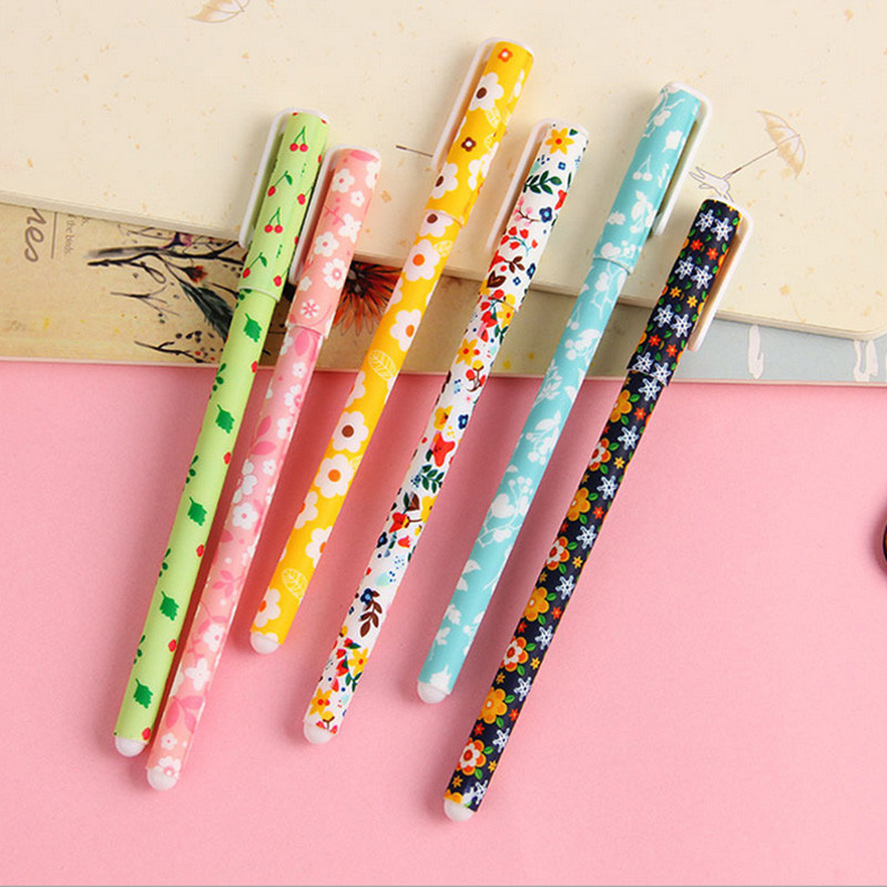 6Pcs/Set Gel olovka u boji 0,38 MM Kawaii pribor Cvjetne kanete Crne vodene olovke Darovi Uredski materijal Školski pribor