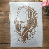 A4 29cm Ruža Krásne dlhé vlasy Dievča DIY Vrstvené šablóny Nástenná maľba Scrapbook Vyfarbovanie Razba Album Dekoratívna šablóna